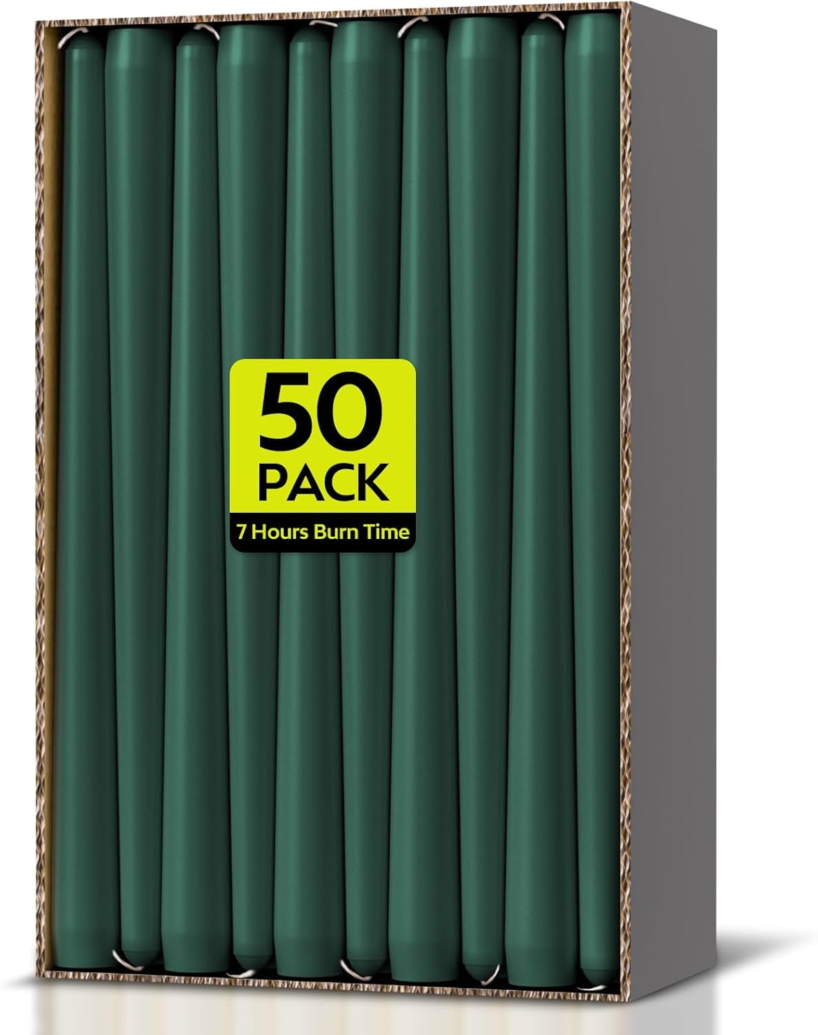 Taper Dinner Candles, Non-Drip Table Candlesticks, Unscented Green, 7-Hour Burn Time, Paraffin Wax with Cotton Wicks, Long-Burning Tapered Candles, 50 Pack