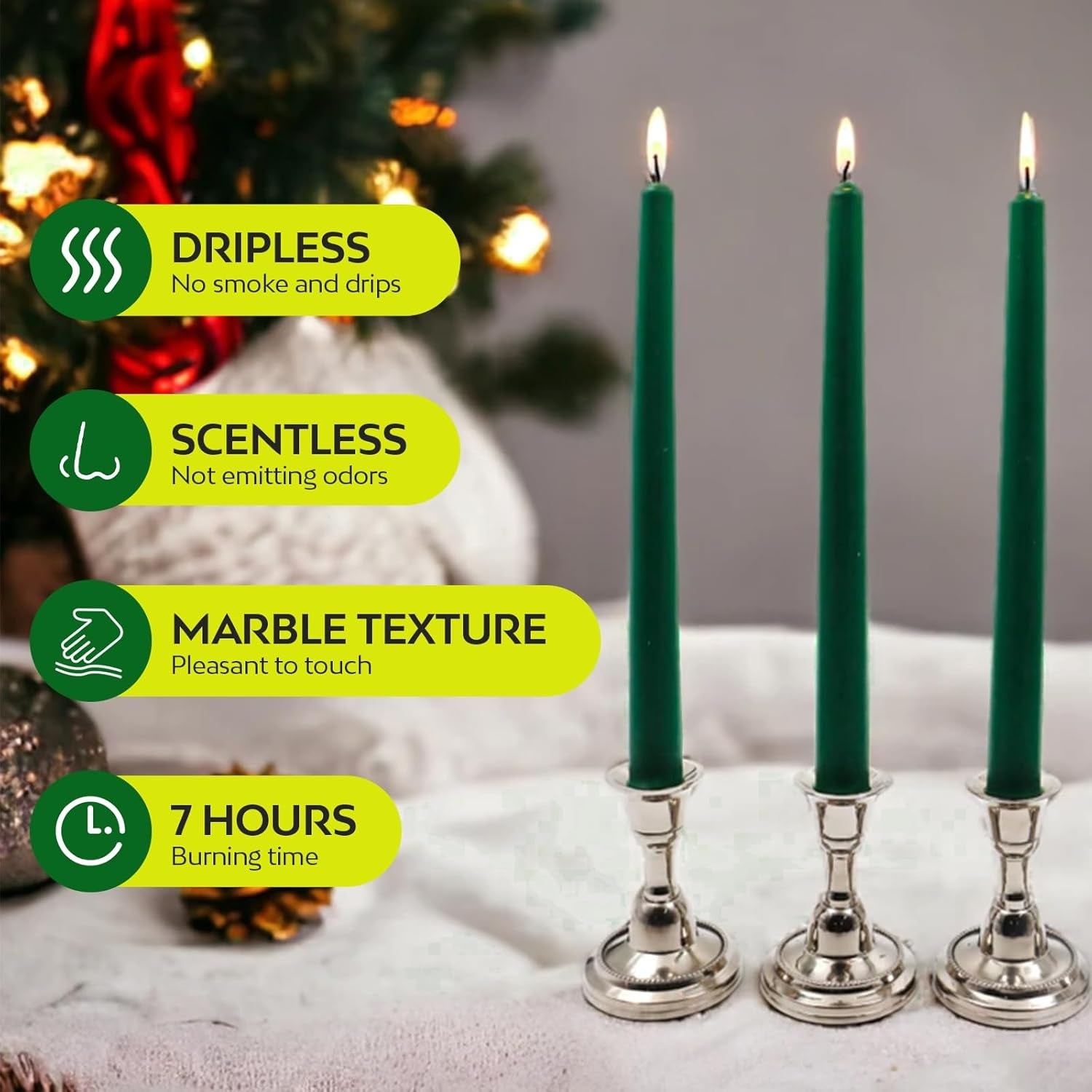 Taper Dinner Candles, Non-Drip Table Candlesticks, Unscented Green, 7-Hour Burn Time, Paraffin Wax with Cotton Wicks, Long-Burning Tapered Candles, 50 Pack