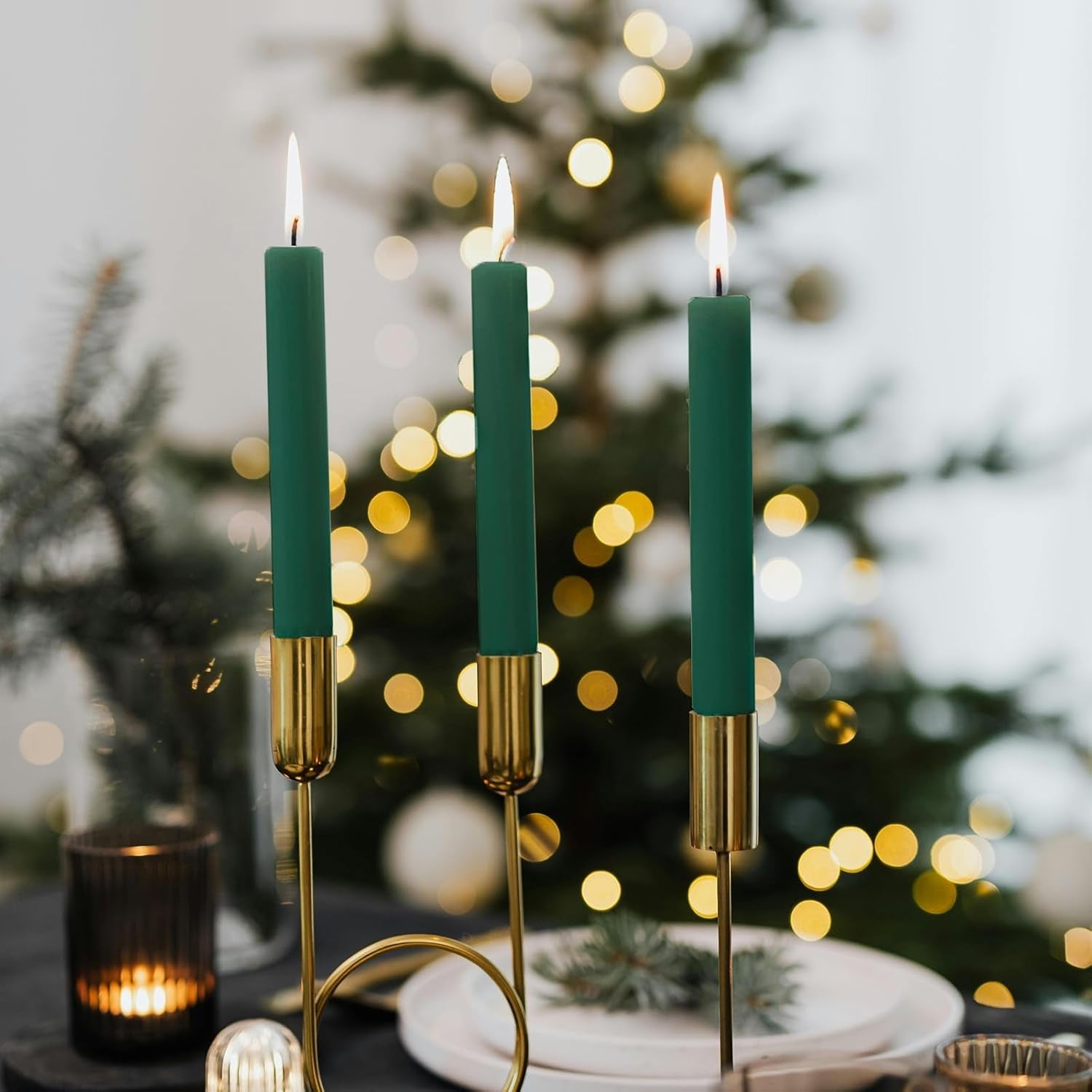 Taper Dinner Candles, Non-Drip Table Candlesticks, Unscented Green, 7-Hour Burn Time, Paraffin Wax with Cotton Wicks, Long-Burning Tapered Candles, 50 Pack