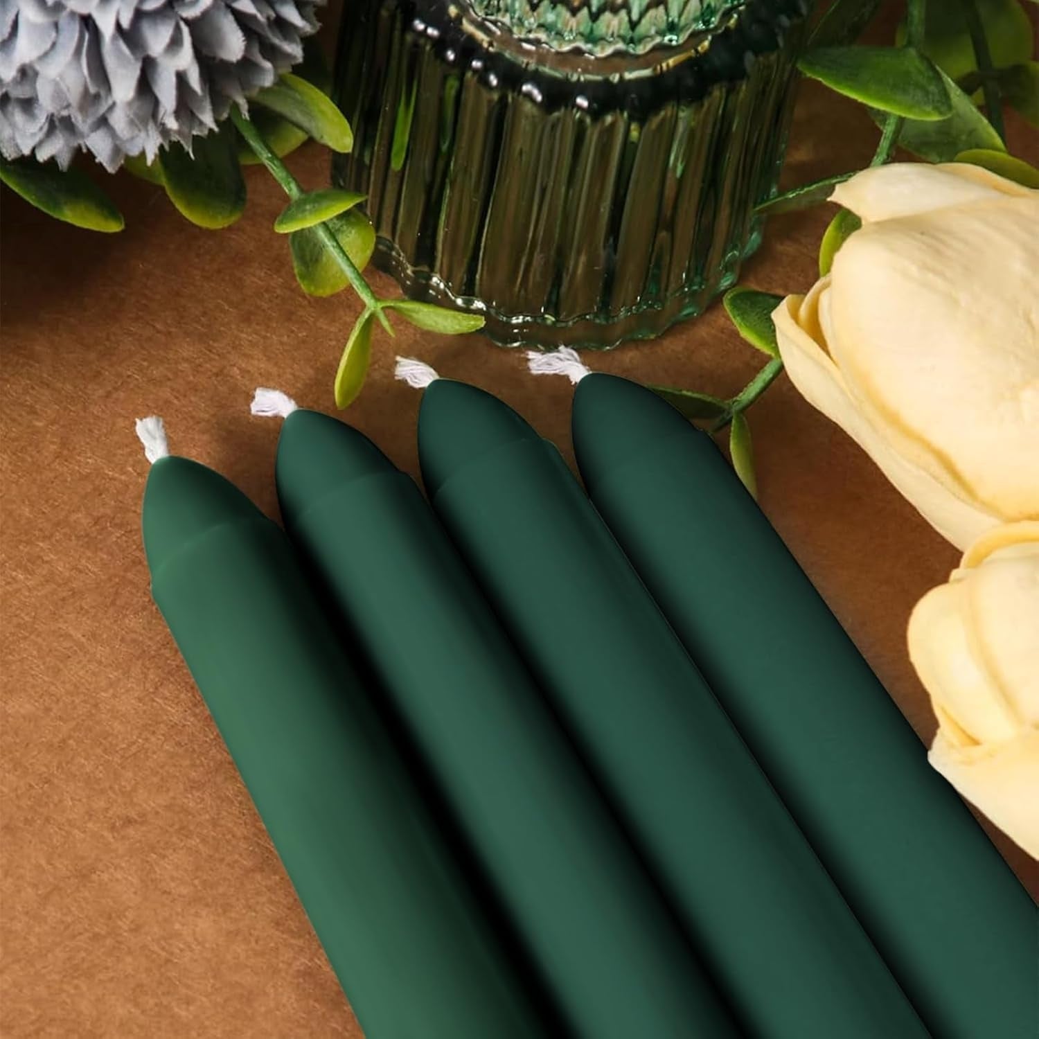 Taper Dinner Candles, Non-Drip Table Candlesticks, Unscented Green, 7-Hour Burn Time, Paraffin Wax with Cotton Wicks, Long-Burning Tapered Candles, 50 Pack