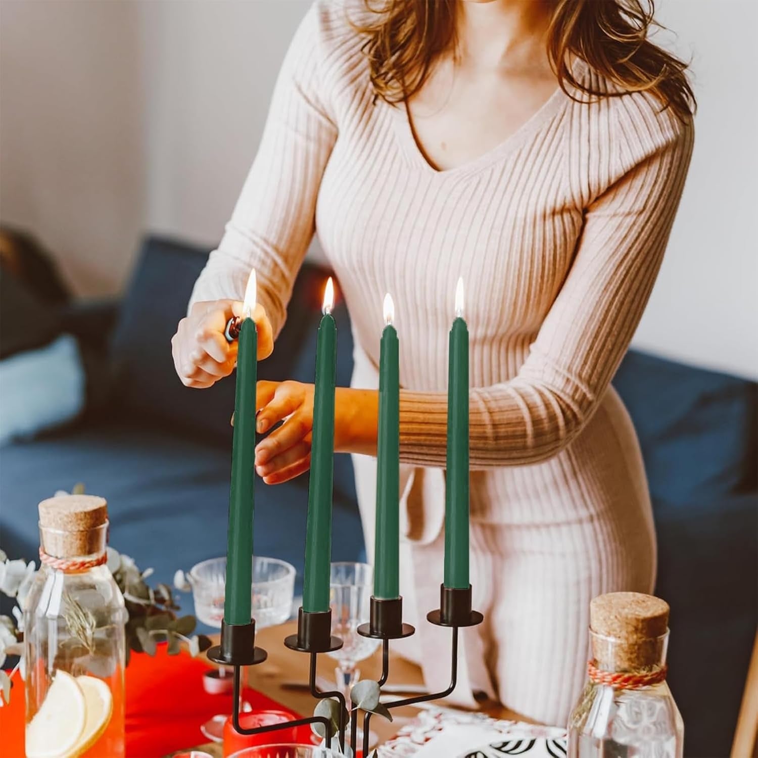 Taper Dinner Candles, Non-Drip Table Candlesticks, Unscented Green, 7-Hour Burn Time, Paraffin Wax with Cotton Wicks, Long-Burning Tapered Candles, 50 Pack