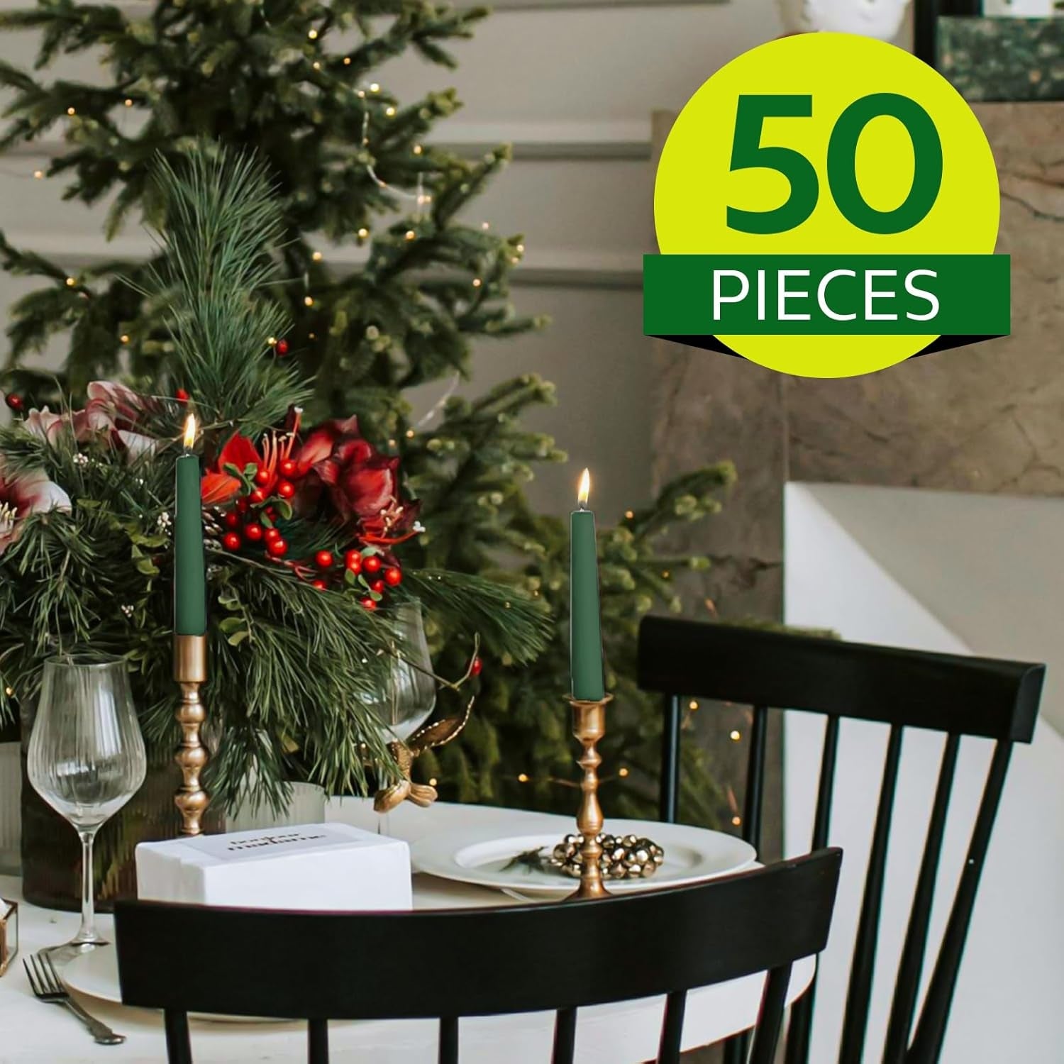 Taper Dinner Candles, Non-Drip Table Candlesticks, Unscented Green, 7-Hour Burn Time, Paraffin Wax with Cotton Wicks, Long-Burning Tapered Candles, 50 Pack
